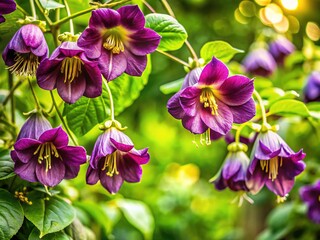 Fototapeta premium Vibrant purple Cobaea scandens flowers bloom on a lush green vine, showcasing delicate, intricate details and soft, romantic lighting in a whimsical outdoor setting.
