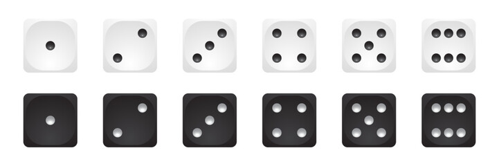 White and black 3d dice icon vector set. Six faces of game die from one to six on white background. Front cube sides with dots 1,2,3,4,5,6. Realistic gambling objects to play in casino, backgammon.