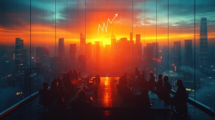 Silhouettes of People in a Meeting Room with a View of City Skyline during Sunset with a Graphic of an Arrow Pointing Upwards