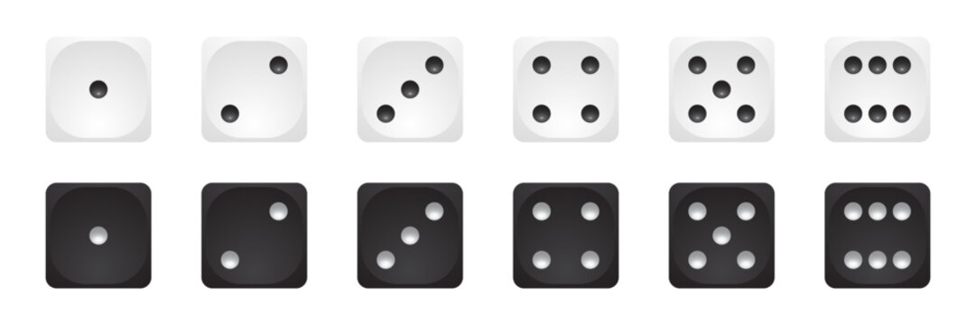 White and black 3d dice icon vector set. Six faces of game die from one to six on white background. Front cube sides with dots 1,2,3,4,5,6. Realistic gambling objects to play in casino, backgammon.
