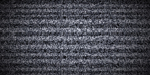 Glitch noise effect on tv screen. Abstract white grain stripes on black computer monitor background. Broken black VHS retro display with flickering. Retro digital technology vector illustration.