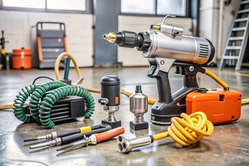 Pneumatic Leak Testing System with Pressure Gauges. A close-up shot of a professional plastic welding tool kit, featuring an air compressor, welding gun, pressure gauges, and hoses.