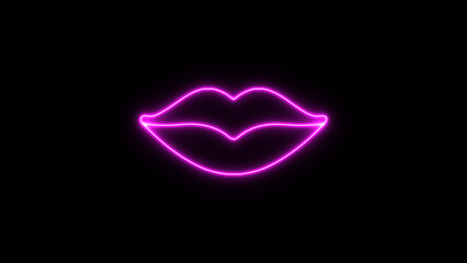 neon and glowing lip icon. Female mouth sign of kiss. Glowing romantic symbol on black background.