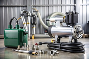 Pneumatic Leak Testing System with Pressure Gauges. A close-up shot of a professional plastic welding tool kit, featuring an air compressor, welding gun, pressure gauges, and hoses.