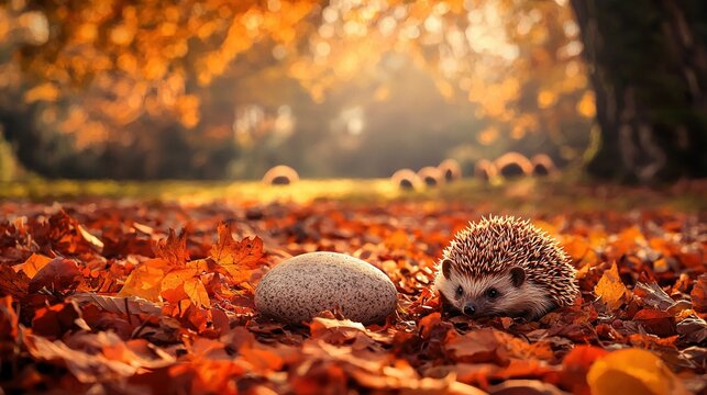   A hedgehog resting atop a mound of leaves adjacent to a rock on top of another pile of leaves