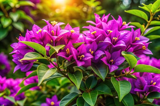 Vibrant purple flowers of Beloperone, a tropical shrub with delicate, slender stems and heart-shaped leaves, blooming in a lush, sun-kissed garden setting.