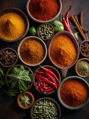 A colorful arrangement of spices and vegetables, artistically presented for a stunning culinary display.