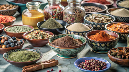 Colorful spices are meticulously arranged in various bowls on a kitchen table, showcasing an array of textures and colors that inspire culinary creativity