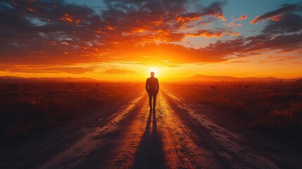 Obraz premium Man Walking Towards the Setting Sun