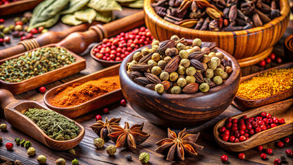 Fototapeta premium An array of colorful spices and herbs fills wooden bowls and spoons on a rustic table, showcasing various textures and vibrant hues, perfect for culinary inspiration