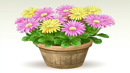 Obraz premium A white background showcases a potted plant adorned with pink, yellow, and white daisies at its center