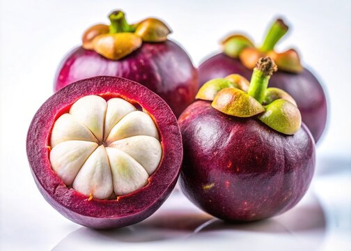Vibrant purple mangosteen fruit with soft, white interior and segmented rind, isolated on a clean background, showcasing its exotic, tropical beauty and unique texture.