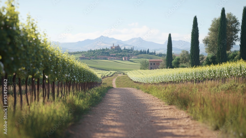 Wall mural Vineyard Path Leading to a Picturesque Tuscan Landscape