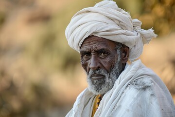 Elderly African Man in Traditional White Garments