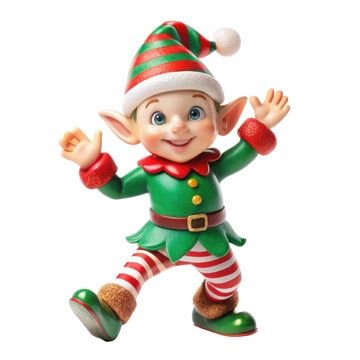 Joyful Christmas elf figurine wearing a green and red outfit with striped stockings, perfect for holiday decor and celebrations. Isolated on transparent background, png.
