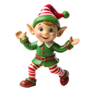 Lively Christmas elf figurine in a green costume and red striped stockings, captured in a playful dancing pose, adding festive cheer to holiday decorations. Isolated on transparent background, png.