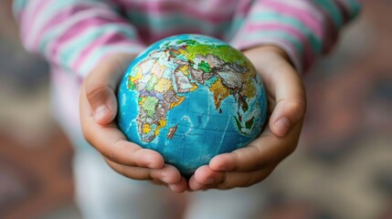 Children's hands gently hold a globe, showing the continents and oceans, symbolizing collective care for the Earth and a hopeful vision for the global future.