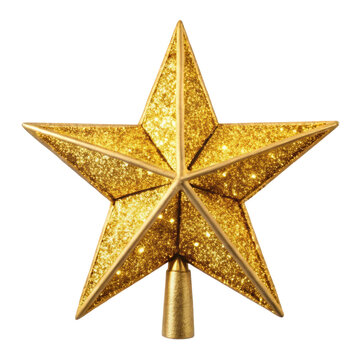 Golden glitter star tree topper, sparkling with festive shine, ideal for decorating Christmas trees and adding a touch of elegance to holiday decor. Isolated on transparent background, png.