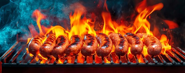 Delicious sausages grilling over a vibrant flame, showcasing perfect charring and smoky flavor, ideal for summer gatherings.