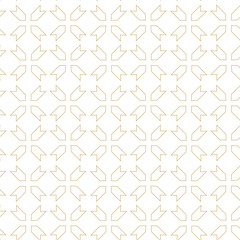 Abstract geometric pattern with crosses, stripes, lines. Seamless vector background. White and gold ornament. Modern reticulated graphic design.