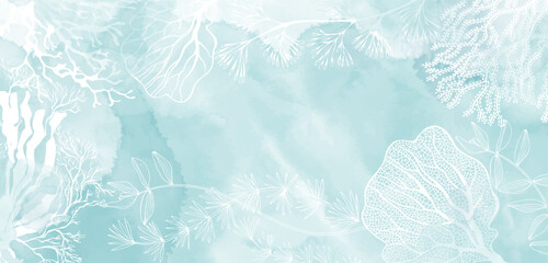 Luxury invitation card background on a marine theme with seaweed on a blue watercolor background. Abstract art background, cover template. Vector design with space for text.