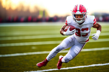 American football player in a red helmet and white uniform makes a speed maneuver with the ball in his hand during a match