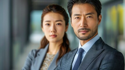 A handsome Korean man dressed in a business suit and a woman in a business suit stand next to each other in a studio, exuding a positive and successful professional atmosphere.