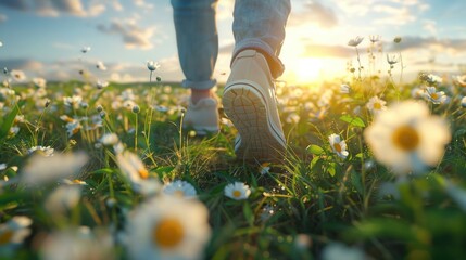 Close-up of a girl's feet touching lush grass and blooming wildflowers in a picturesque field, reflecting the joyful and relaxed atmosphere of summer.