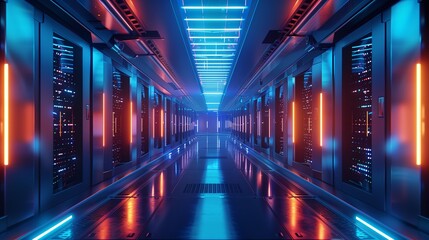 Futuristic data center with multiple rows of sleek, illuminated server racks in a high-tech, advanced environment.
