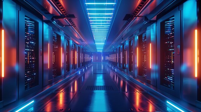 Futuristic data center with multiple rows of sleek, illuminated server racks in a high-tech, advanced environment.