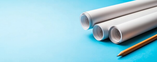 Fototapeta premium Three rolled-up blueprints and a pencil on a light blue background symbolize planning and design in architecture or engineering.