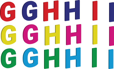 3d alphabets G H and I red blue yellow sky blue pink green isolated on transparent white bkackground