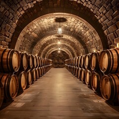 Dimly Lit Atmospheric Wine Cellar with Aging Oak Barrels in Rows Conveying a Sense of History and Tradition