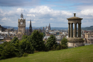 View of the city of Edinburgh from the Calton hill on a cloudy day, Scotland.