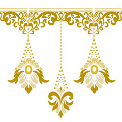 Three gold chandeliers on a white background