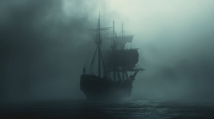 Fototapeta premium A spectral ship emerges from the mist on a dark, ominous sea, with ghostly figures barely visible on the deck, evoking a chilling and mysterious atmosphere.