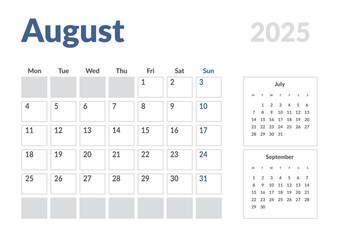 Monthly page Calendar Planner Template of August 2025. Vector layout of calendar with week start Monday for Scheduling. Page for size A4 or 21x29.7 cm