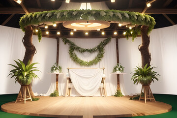 A beautifully designed rustic wedding altar with wooden posts, lush greenery, hanging lights, and draped white fabric. Perfect for outdoor weddings or nature-themed celebrations.
