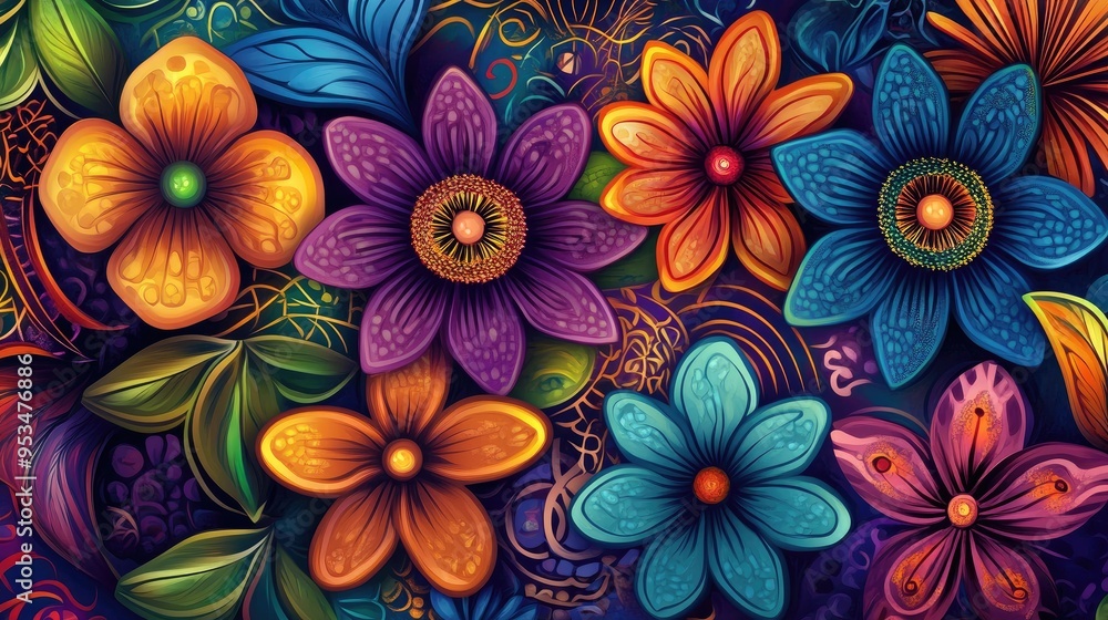 Poster beautiful and colorful flowers in a vector abstract background, with intricate patterns and vibrant 