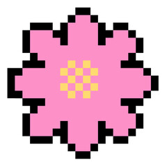 Pixel art of a pink flower with black outlines and a yellow center, showcasing a retro, 8-bit style. Simple yet vibrant design, perfect for digital art, gaming, and creative projects.