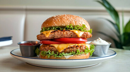 Juicy double grilled chicken burger with lettuce, tomato, onion, melted cheese, and sauce, served in a cozy restaurant setting. 