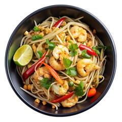 Pad thai on black bowl top view isolated on transparent background