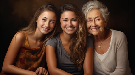 Three generations of women, grand mother, daughter and granddaughter, smiling at the camera.