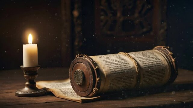 Ancient Bible Scroll with Candle