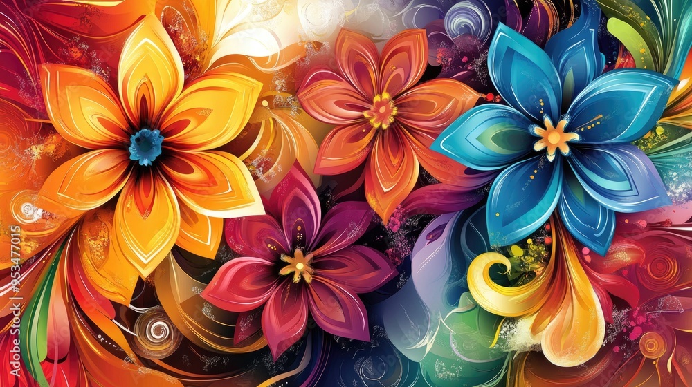 Poster beautiful colorful flowers in a vector abstract background, with intricate designs and vivid colors,