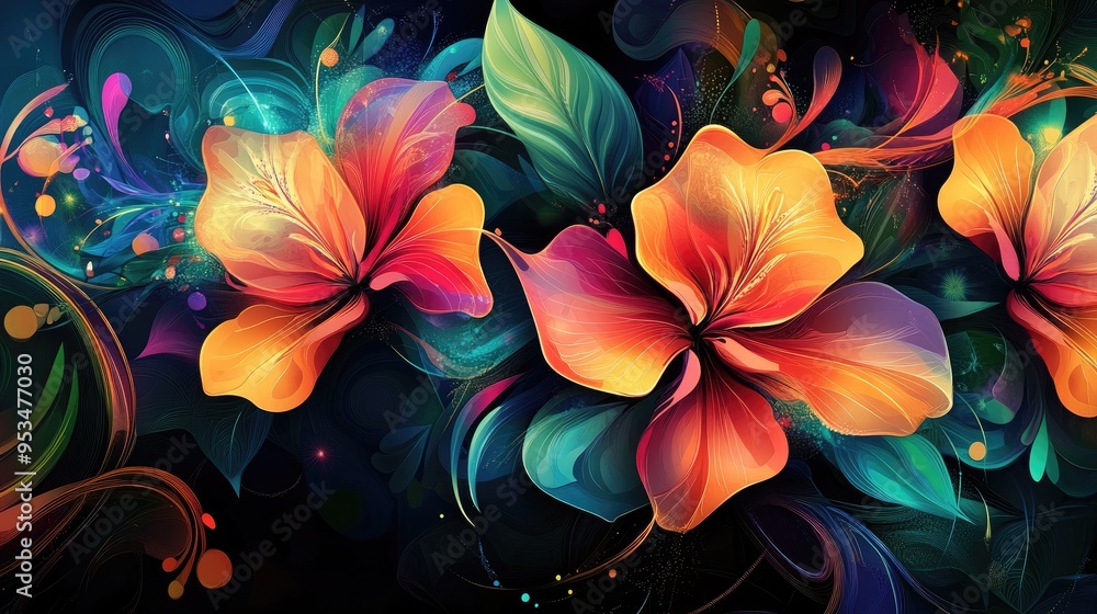 Poster beautiful colorful flowers in a vector abstract background, with intricate designs and vivid colors,