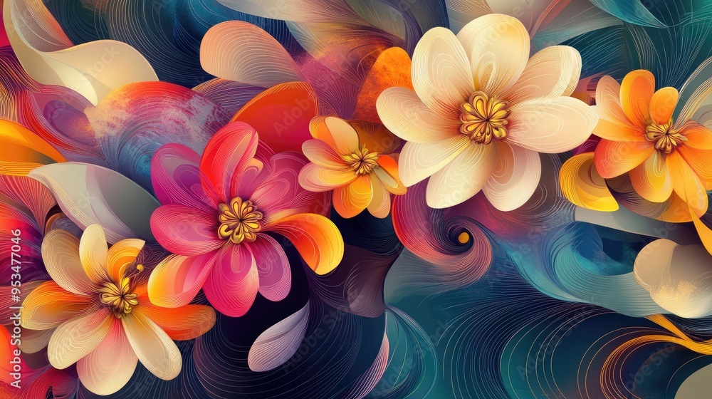 Poster beautiful colorful flowers in a vector abstract background, creating a dynamic and artistic design w