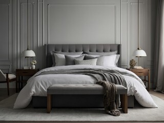 A cozy bedroom with a king-sized bed, white linens, and a soft gray headboard.