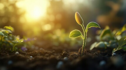 Beautiful plant seeds germinating, set against a naturistic background with an abstract fractal touch, 3D rendering, capturing the start of new life