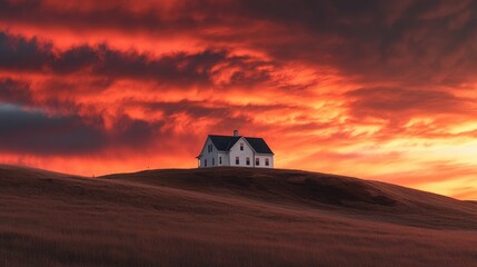 Fototapeta premium A white farmhouse atop a hill under a dramatic sunset sky with vivid orange and red gradient colors